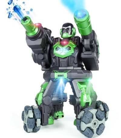 Robô de combate com design futurista, luzes verdes e detalhes em preto e cinza, equipado com canhões que disparam luzes e sons, rodas robustas para movimento.