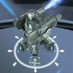 Robô de combate com rodas, armamento e efeitos de vapor, em ambiente futurista, com movimento de rotação indicado por setas ao redor.