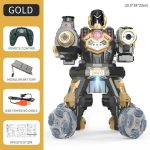 Robô de combate dourado e preto com rodas grandes, controle remoto, bateria modular e cabo de carregamento USB ao lado, detalhes de especificações técnicas.
