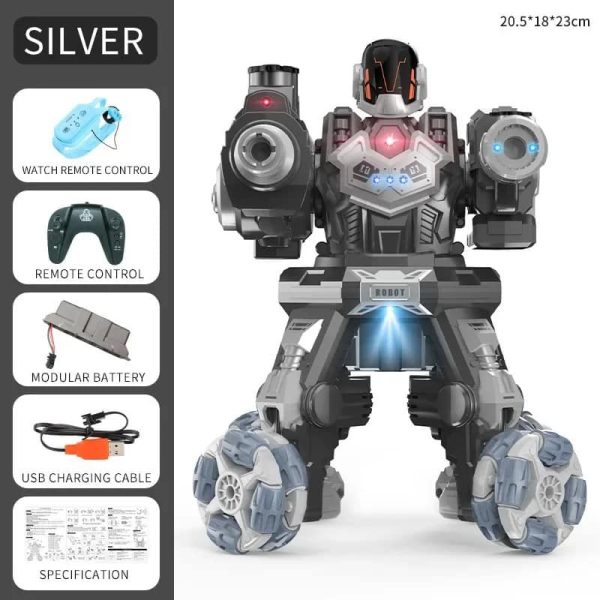 Robô de combate com design futurista, rodas grandes, luzes LED, controle remoto, bateria modular e cabo de carregamento USB, mostrado em fundo branco.