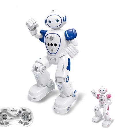 Robô branco e azul com olhos grandes, braços articulados e controle remoto na imagem, mostrando funcionalidades de interação e movimento.