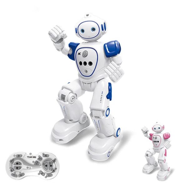 Robô branco e azul com olhos grandes, braços articulados e controle remoto na imagem, mostrando funcionalidades de interação e movimento.