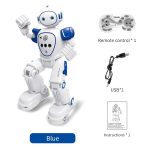 Robô branco e azul com controle remoto, cabo USB e instruções, vista frontal detalhada do robô e acessórios.