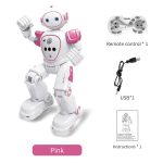 Robô branco e rosa com cabeça redonda, olhos azuis, braços articulados, controle remoto, cabo USB e instruções ao lado.