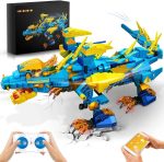 Robô de construção com detalhes em azul e amarelo, controlado por app móvel e com caixa de embalagem ao fundo.