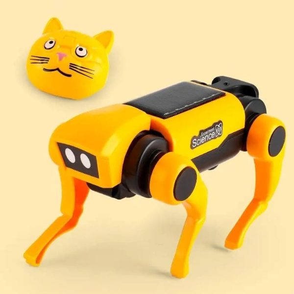 Robô de ciência com corpo amarelo, pernas articuladas, e cabeça de gato amarela com detalhes faciais, usado para atividades educativas.