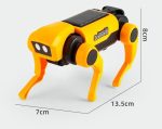 Robô com corpo amarelo e patas laranja, com sensores na cabeça, medindo 13.5cm de comprimento e 8cm de altura.