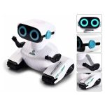 Robô branco com olhos LED azuis, braços articulados e rodas, visto de frente e de lado, com detalhes do design e funcionalidades.