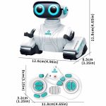 Robô com olhos azuis LED, corpo branco e rodas, controlado por comando com botões azuis e vermelhos.