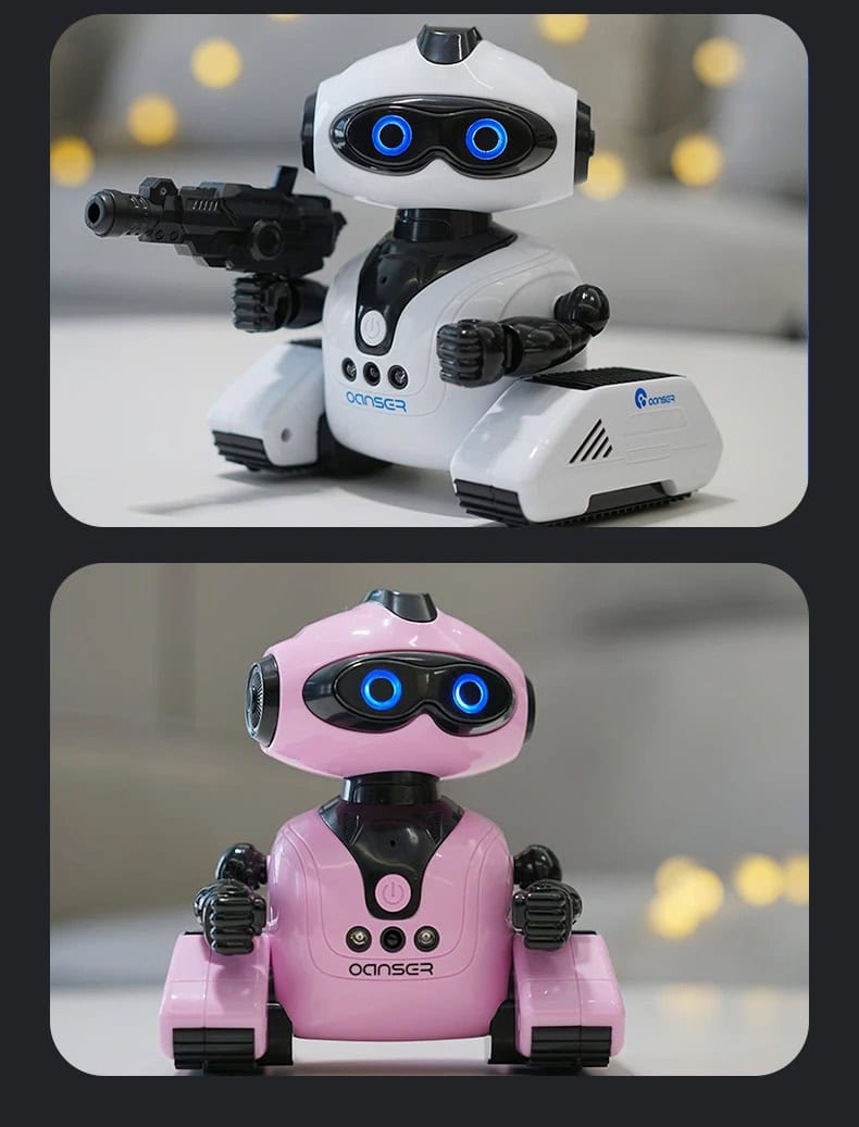 Robô educativo com design futurista Robô infantil com corpo branco e detalhes pretos, olhos azuis brilhantes, segurando arma de brinquedo, em ambiente de loja de gadgets científicos.