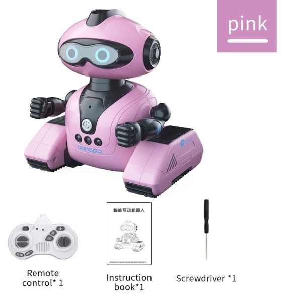 Robô rosa com olhos digitais, controlado por remoto, acompanhado de livro de instruções e chave de fenda.