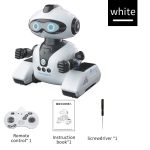 Robô educativo branco com olhos azuis, controlado por remoto, acompanhado de livro de instruções e ferramenta de parafuso.
