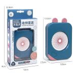 Conjunto de pintura com design circular, incluindo uma caixa azul com detalhes rosa, dimensões de 13.3cm de altura e 8.8cm de largura, mostrado ao lado da embalagem.