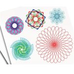 Vários desenhos geométricos coloridos feitos com um spirograph, incluindo padrões circulares e formas complexas, em diferentes cores.