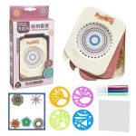 Conjunto de roda de desenho com diferentes cores e padrões, incluindo acessórios de armazenamento e exemplos de desenhos criados.