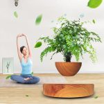 Mulher a praticar yoga ao lado de uma planta levitante em vaso de madeira, com folhas a flutuar ao redor e bolhas de oxigénio.