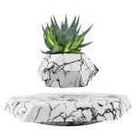 Vaso de mármore em levitação com planta suculenta verde, vista frontal, detalhe da estrutura de levitação, fundo branco.
