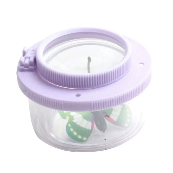 Lupa portátil com luz LED e recipiente de plástico transparente, ideal para observar insetos de perto.
