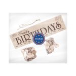 Decoração de aniversário com marcador de meses, botões de madeira e etiqueta de papel com o texto 'Family BIRTHDAYS' e logótipo 'STOBOk'.