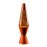 Lâmpada de lava com brilho dourado, base e topo em cor cobre, com bolhas de cera a subir dentro do vidro.