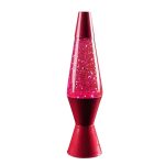 Luminária de lava rosa com brilho, vista frontal, com base e tampa vermelhas, iluminação suave.