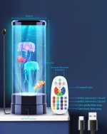 Lâmpada de plasma com peixes de cores diferentes a flutuar dentro de um cilindro de vidro, com controlo remoto ao lado e botão de ligar/desligar na base.