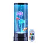 Lâmpada de lava com três medusas coloridas a flutuar, controle remoto com várias cores e efeitos de iluminação, vista frontal do produto.