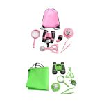Conjunto de brinquedos de exploração para crianças, incluindo binóculos, lupa, tesouras, escova, saco de transporte verde e rosa, e acessórios de ciência.