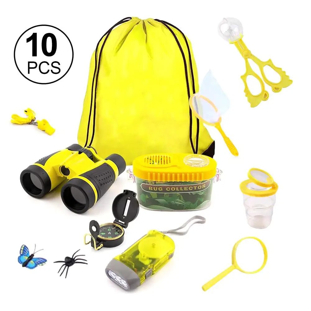 Kit de Exploração para Crianças de 8 Anos Conjunto de 10 peças de brinquedo científico com binóculos, lupa, lanterna, escorpião de plástico, escova, saco, e outros acessórios amarelos para exploração ao ar livre.