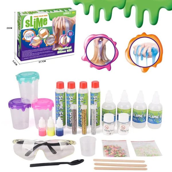 Conjunto de ingredientes e utensílios para fazer slime, incluindo tubos de cola, corantes, glitter, moldes, espátulas e recipientes.