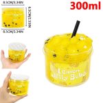 Recipiente de gelatina de limão com confetes coloridos, com capacidade de 300ml, mostrado de vários ângulos e tamanhos.