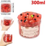 Geleia de morango com topping de frutas e bolinhas de gelatina, recipiente de 300ml, vista frontal e de lado, com detalhes do produto e dimensões.