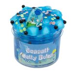 Tigela de gelatina azul com pérolas de boba preta, decoração de flores e limão, com embalagem de plástico transparente e etiqueta de SeaSalt Jelly Boba.