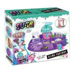 Imagem do kit de slime com ingredientes coloridos, frascos, e utensílios para fazer slime de unicórnio, incluindo glitter e confetes.