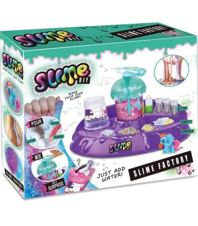 Imagem do kit de slime com ingredientes coloridos, frascos, e utensílios para fazer slime de unicórnio, incluindo glitter e confetes.