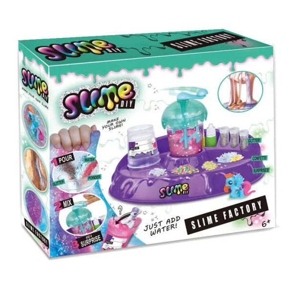 Imagem do kit de slime com ingredientes coloridos, frascos, e utensílios para fazer slime de unicórnio, incluindo glitter e confetes.
