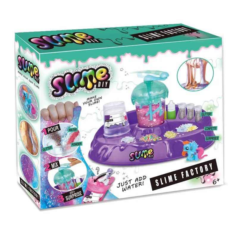 Imagem do kit de slime com ingredientes coloridos, frascos, e utensílios para fazer slime de unicórnio, incluindo glitter e confetes.