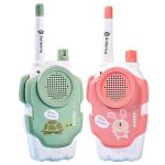 Dois walkie talkies infantis com corpo em cores pastel, antenas ajustáveis, e desenhos de animais na parte frontal, um com tartaruga e outro com coelho.