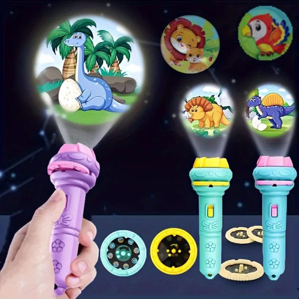 Lanterna infantil com projeção de animais de selva, incluindo um dinossauro, um leão, um tucano e um dragão, com diferentes cores e detalhes.