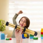 Criança sorridente segurando uma luneta de exploração infantil, rodeada de blocos de construção coloridos em uma sala bem iluminada.