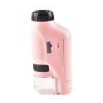 Microscópio portátil rosa com lente ajustável e compartimento para lâmpada de LED, ideal para observações científicas em campo.