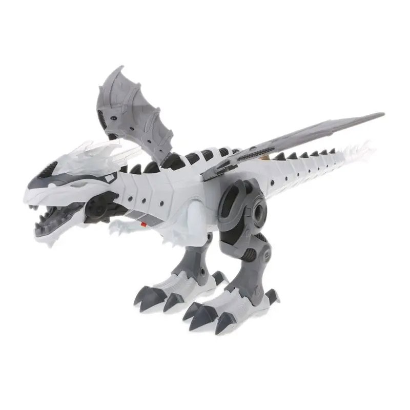 Robô dinossauro branco com cabeça de pterodáctilo, asas articuladas, cauda longa e patas com garras, detalhes em cinza e preto.