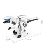 Robô dinossauro em forma de raptor com design futurista, detalhes em branco e preto, medidas de 71cm de comprimento, 26cm de altura e 19cm de largura, com rodas nas patas.