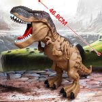 Dinossauro T-Rex de brinquedo com boca aberta, olhos detalhados e escamas na pele, medindo aproximadamente 46,8 cm de comprimento, em cenário de floresta pré-histórica.
