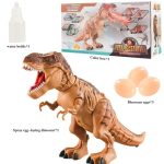 Dinossauro de brinquedo T-Rex com boca aberta, detalhes realistas, acompanhado de ovos, caixa de cores e garrafa de água para demonstração de uso.