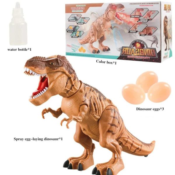 Dinossauro de brinquedo T-Rex com boca aberta, detalhes realistas, acompanhado de ovos, caixa de cores e garrafa de água para demonstração de uso.
