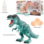 Dinossauro de brinquedo com escamas verdes, boca aberta, ovos de plástico e caixa de embalagem com imagens de dinossauros em ação.