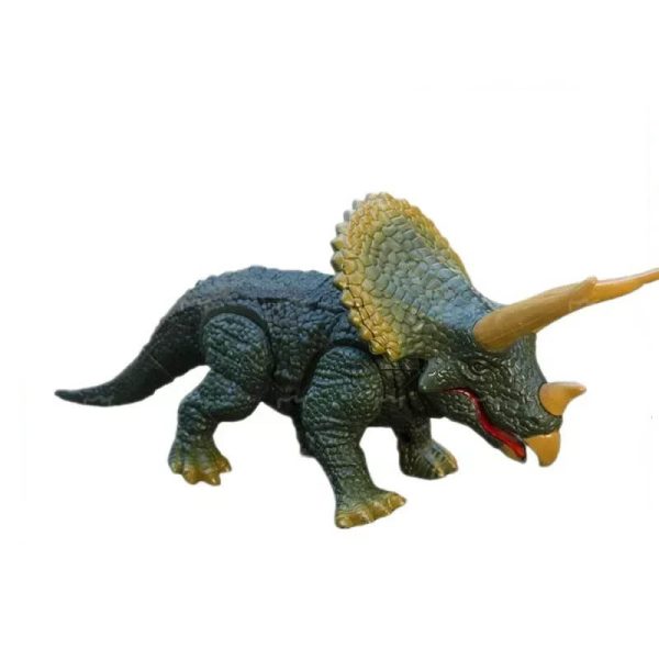 Brinquedo de dinossauro Tricerátopo com chifre, casco e cauda, feito de plástico com detalhes texturizados em cores cinza, amarelo e laranja.