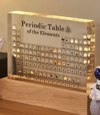 Tableau périodique interactif avec effets lumineux, décor scientifique pour espace ou bureau.