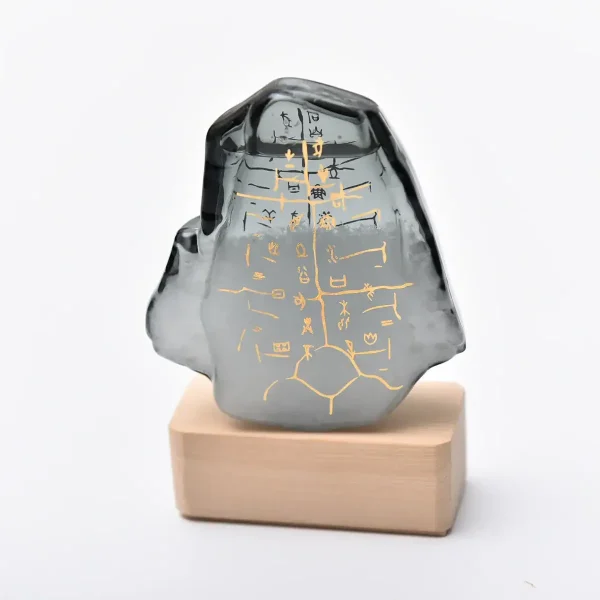 Pequena escultura de mineral com inscrições douradas, colocada sobre base de madeira clara, vista frontal com detalhes das inscrições.